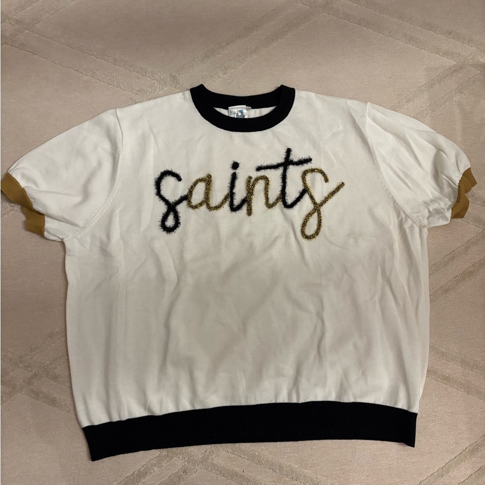 QUEEN OF SPARKLES White and Gold New Orleans 'Saints' Blouse sweater NWOT